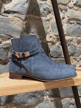 Hermès Blue Suede Neo Kelly Buckle Ankle Boots